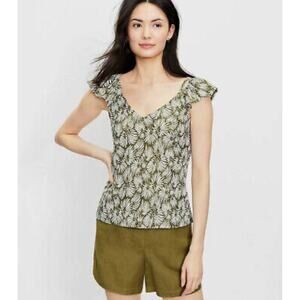 NWT‎ LOFT | Textured Green and White Leaf Print Ruffle Sleeve Top Sz. Large
